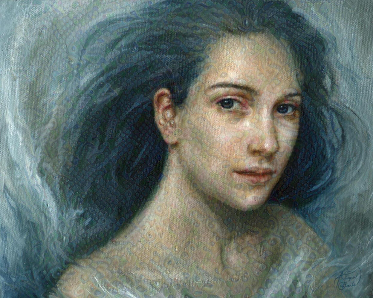 Beautiful Renaissance fantasy art oil painting of woman wind blowing hair blue wall art fine quality