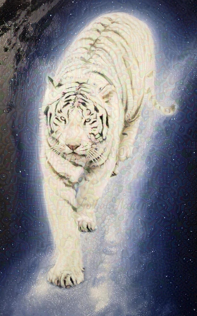 White tiger walking on stars galaxy universe space fantasy glowing river oil painting wall art